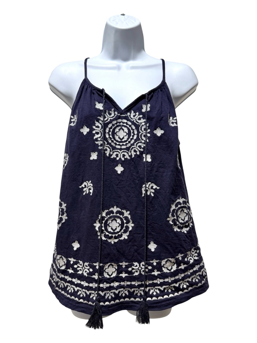 Solitaire Embroidered Boho Tassel Tank Top Navy White Cotton Size M